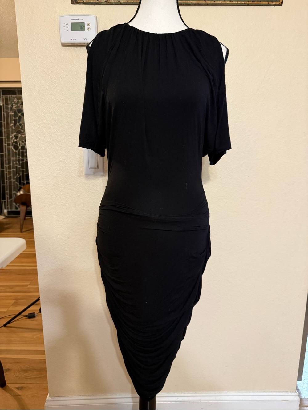 Bailey/44 Black Ruched Midi Dress Cold Shoulder Short Sleeve Small  Soft Elegant
